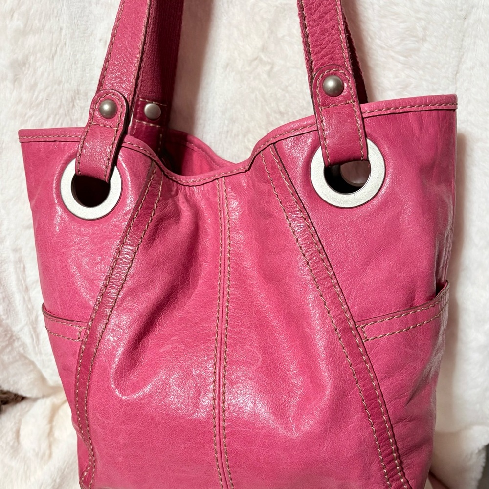 Fossil Hot Pink Leather Tote with Silver Eyelet Handles